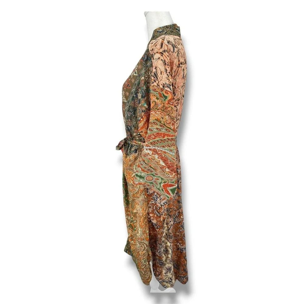 Lunas Vintage Silk Blend Kimono Robe Duster OS Boho Paisley Belted Fairy Earthy